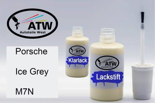 Porsche, Ice Grey, M7N: 20ml Lackstift + 20ml Klarlack - Set, von ATW Autoteile West.